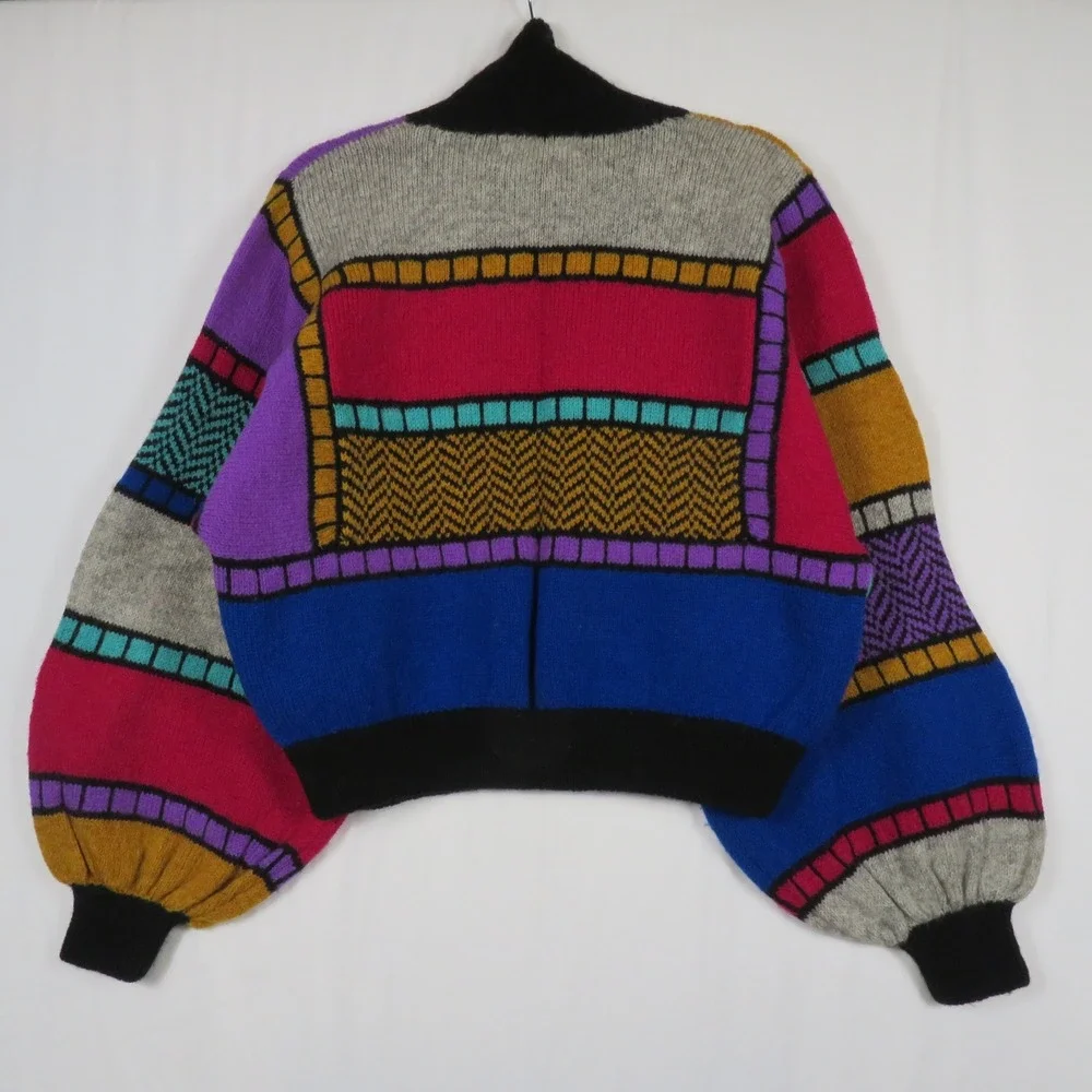 Kotki Dwa Scotland Wool‎ Patchwork Cardigan Sweater Colorful Knit Handmade Small